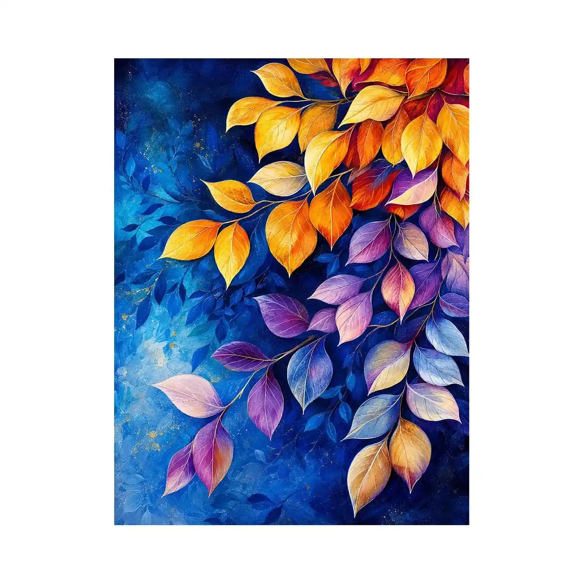 Elegant botanical leaf wall art with blue background and gold purple foliage modern canvas painting