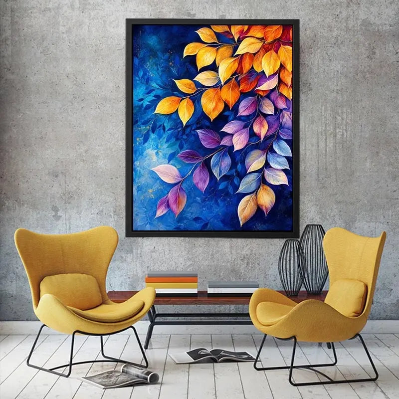 Elegant botanical leaf wall art with blue background and gold purple foliage modern canvas painting