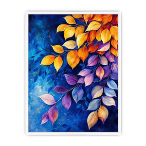 Elegant botanical leaf wall art with blue background and gold purple foliage modern canvas painting