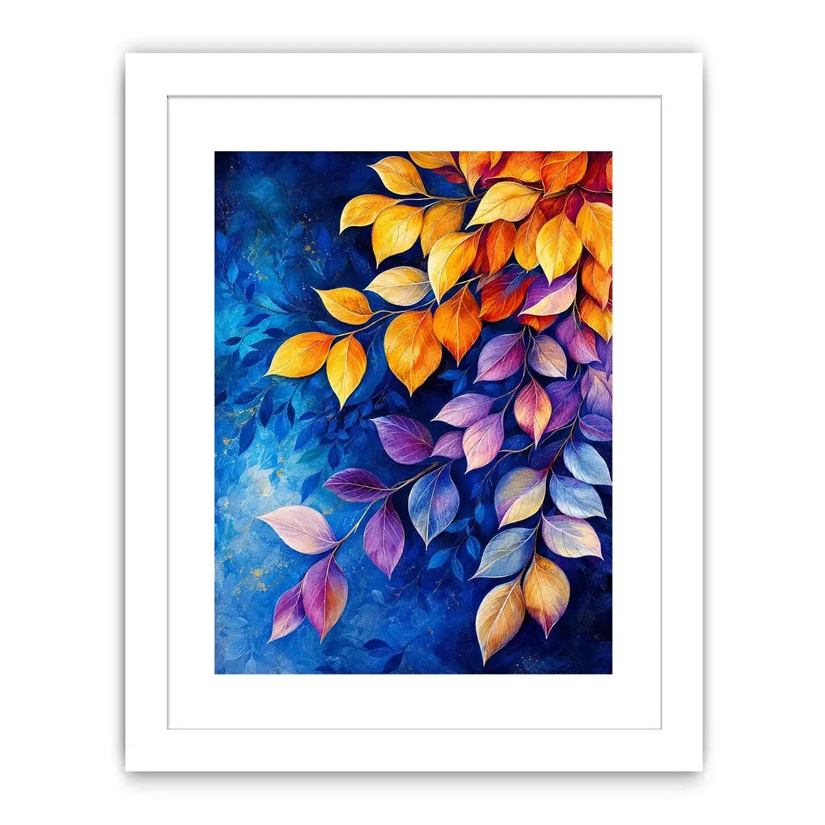 Elegant botanical leaf wall art with blue background and gold purple foliage modern canvas painting
