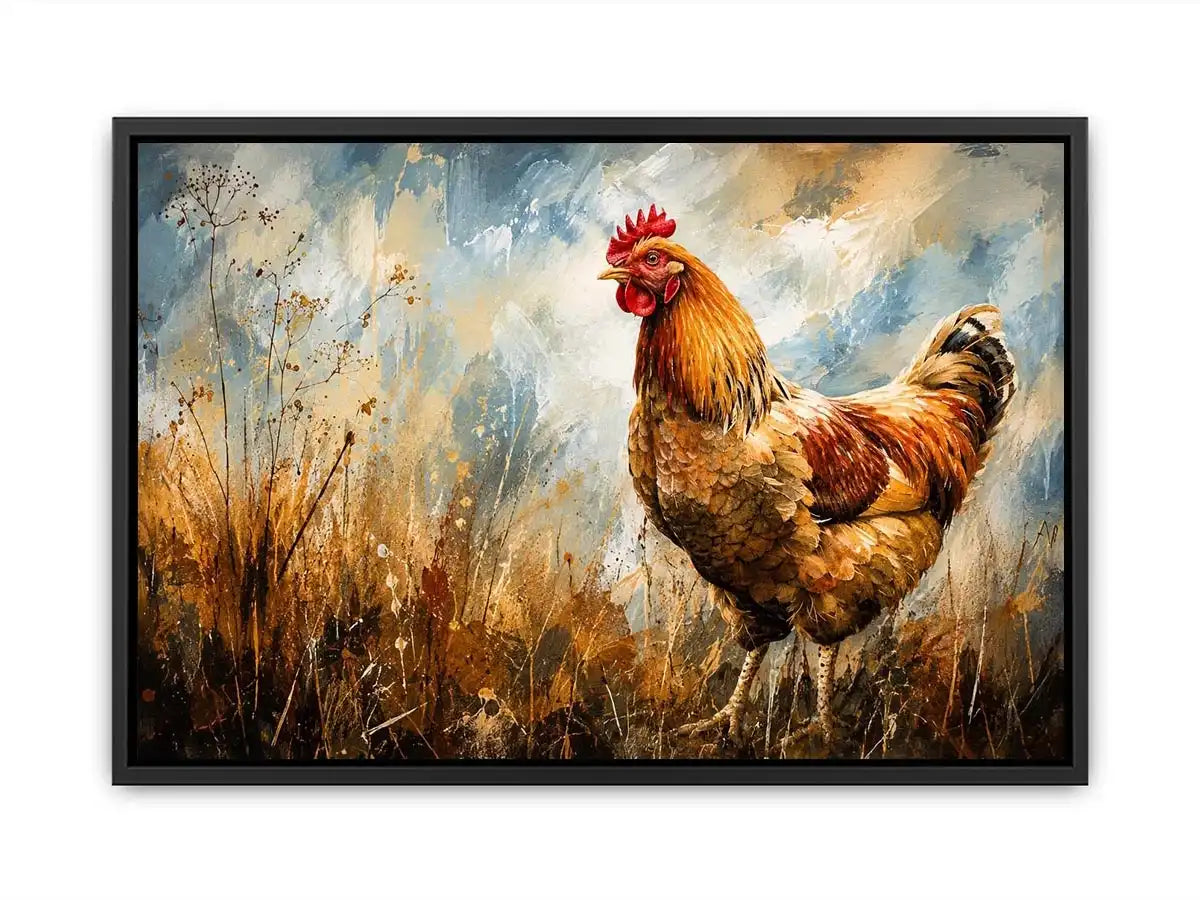 Rustic rooster farmhouse wall art with earthy painterly texture and modern country canvas decor