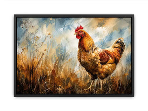 Rustic rooster farmhouse wall art with earthy painterly texture and modern country canvas decor