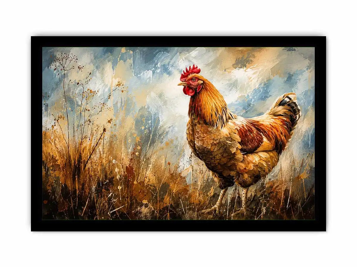 Rustic rooster farmhouse wall art with earthy painterly texture and modern country canvas decor