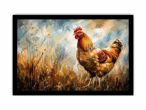 Rustic rooster farmhouse wall art with earthy painterly texture and modern country canvas decor