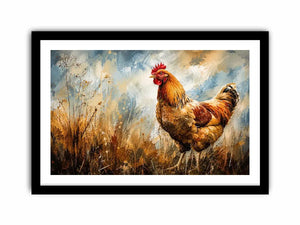 Rustic rooster farmhouse wall art with earthy painterly texture and modern country canvas decor