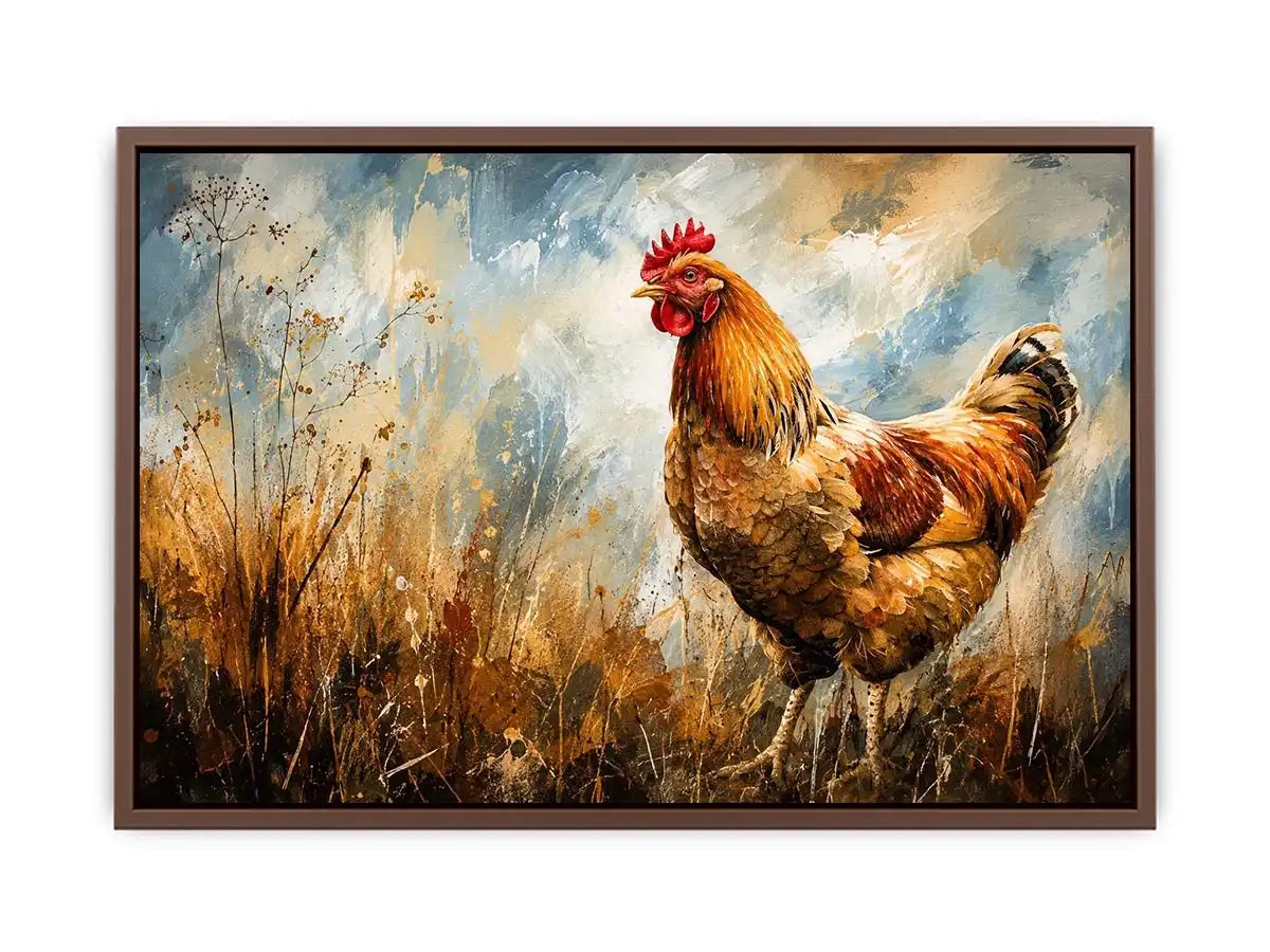 Rustic rooster farmhouse wall art with earthy painterly texture and modern country canvas decor