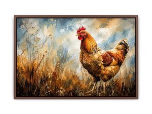 Rustic rooster farmhouse wall art with earthy painterly texture and modern country canvas decor