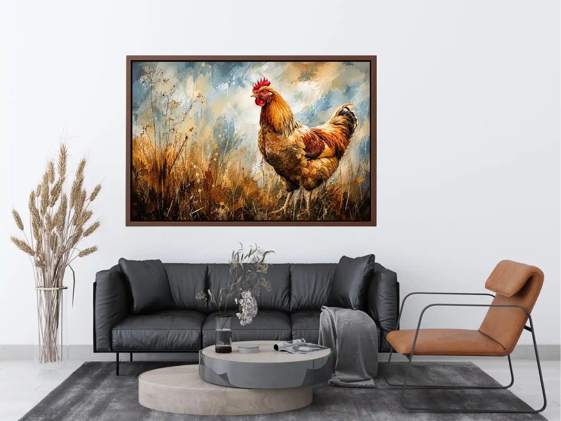 Rustic rooster farmhouse wall art with earthy painterly texture and modern country canvas decor