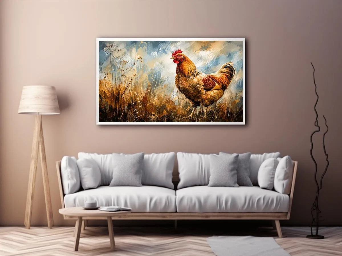 Rustic rooster farmhouse wall art with earthy painterly texture and modern country canvas decor