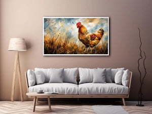 Rustic rooster farmhouse wall art with earthy painterly texture and modern country canvas decor