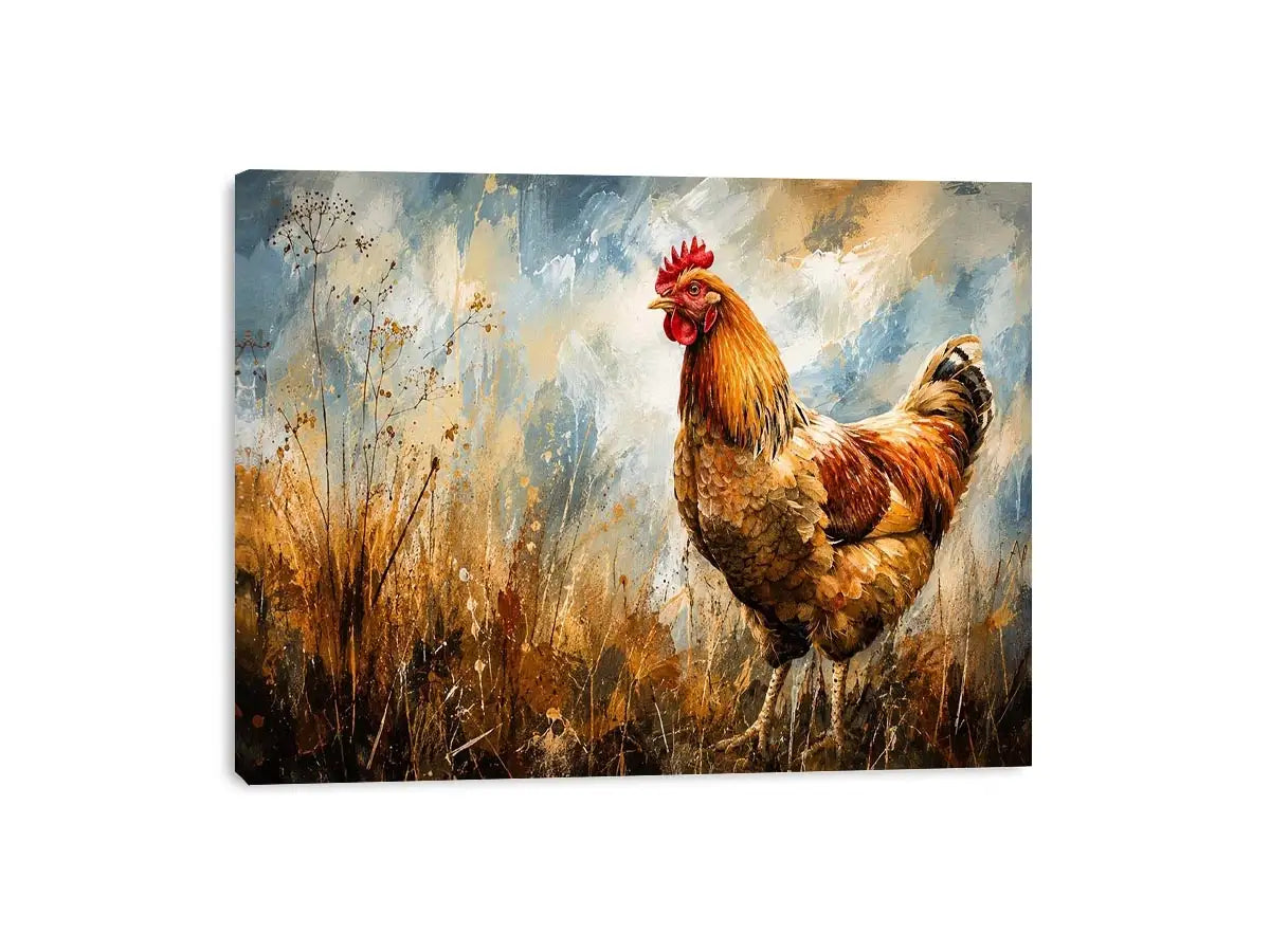 Rustic rooster farmhouse wall art with earthy painterly texture and modern country canvas decor