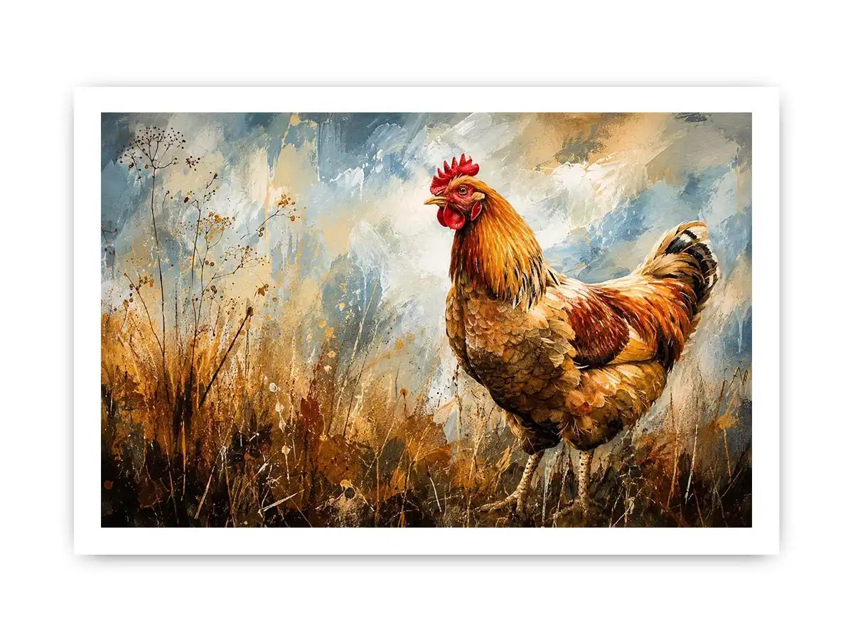 Rustic rooster farmhouse wall art with earthy painterly texture and modern country canvas decor