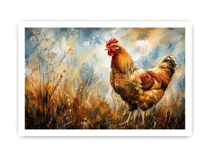 Rustic rooster farmhouse wall art with earthy painterly texture and modern country canvas decor