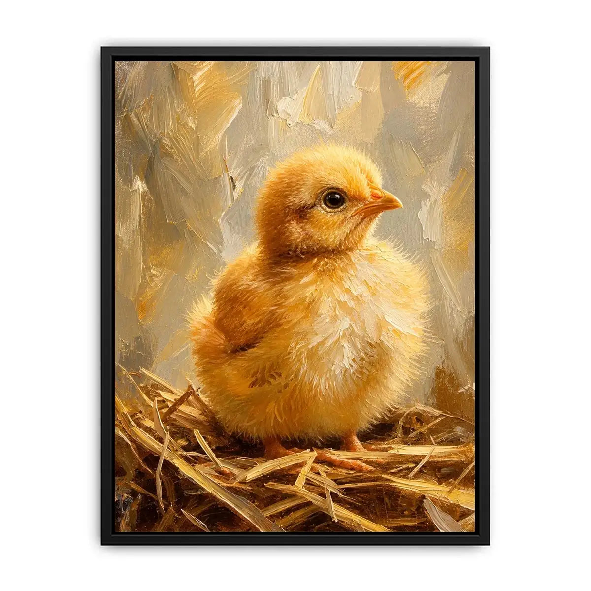 Cute fluffy baby chick farmhouse wall art with warm rustic painterly texture for nursery decor
