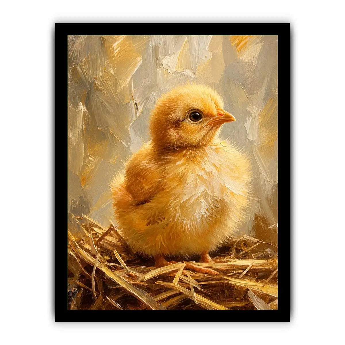 Cute fluffy baby chick farmhouse wall art with warm rustic painterly texture for nursery decor