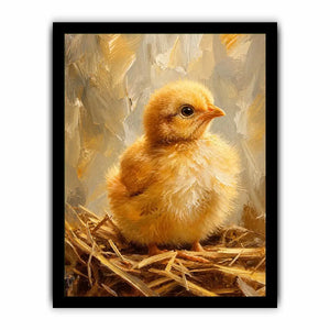 Cute fluffy baby chick farmhouse wall art with warm rustic painterly texture for nursery decor