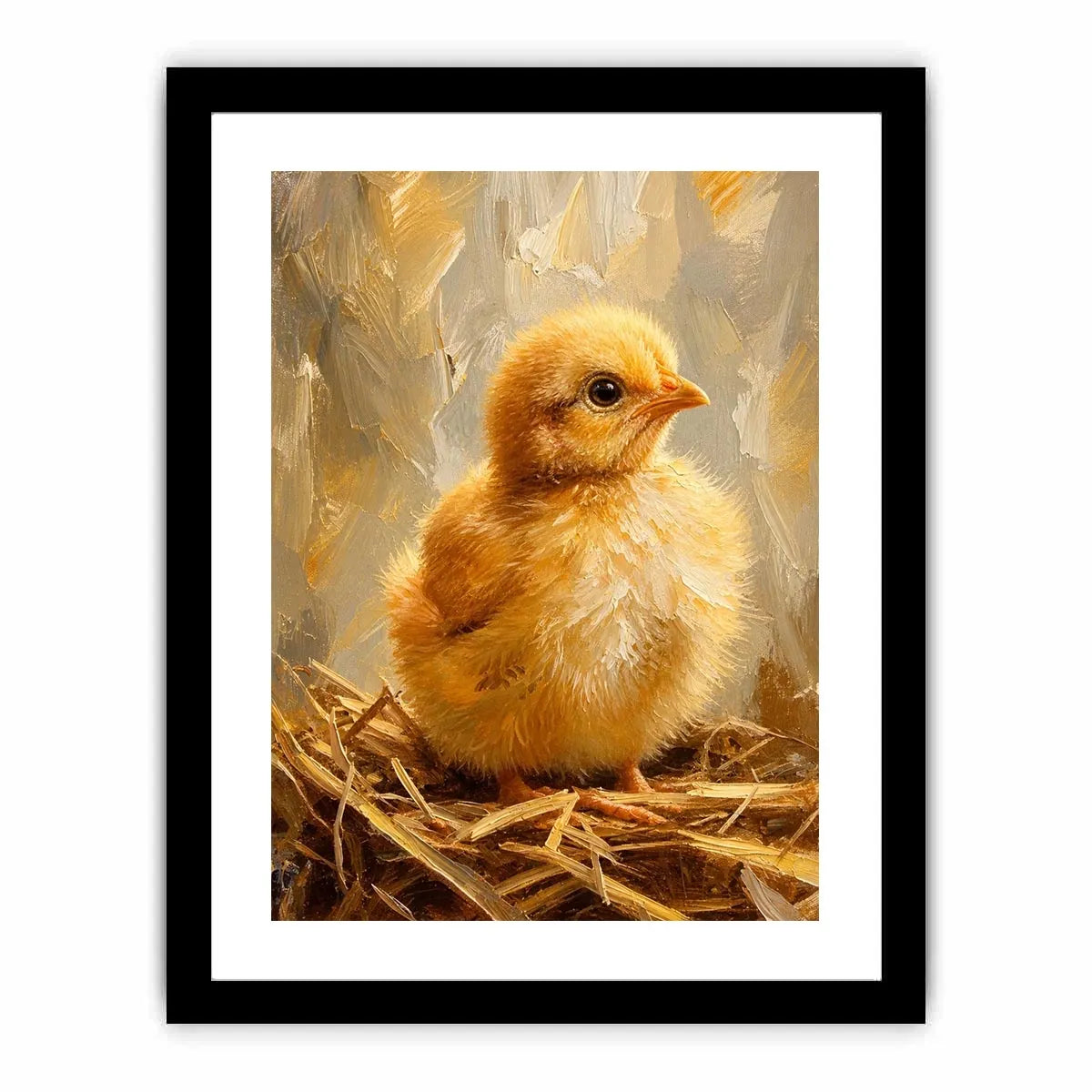 Cute fluffy baby chick farmhouse wall art with warm rustic painterly texture for nursery decor