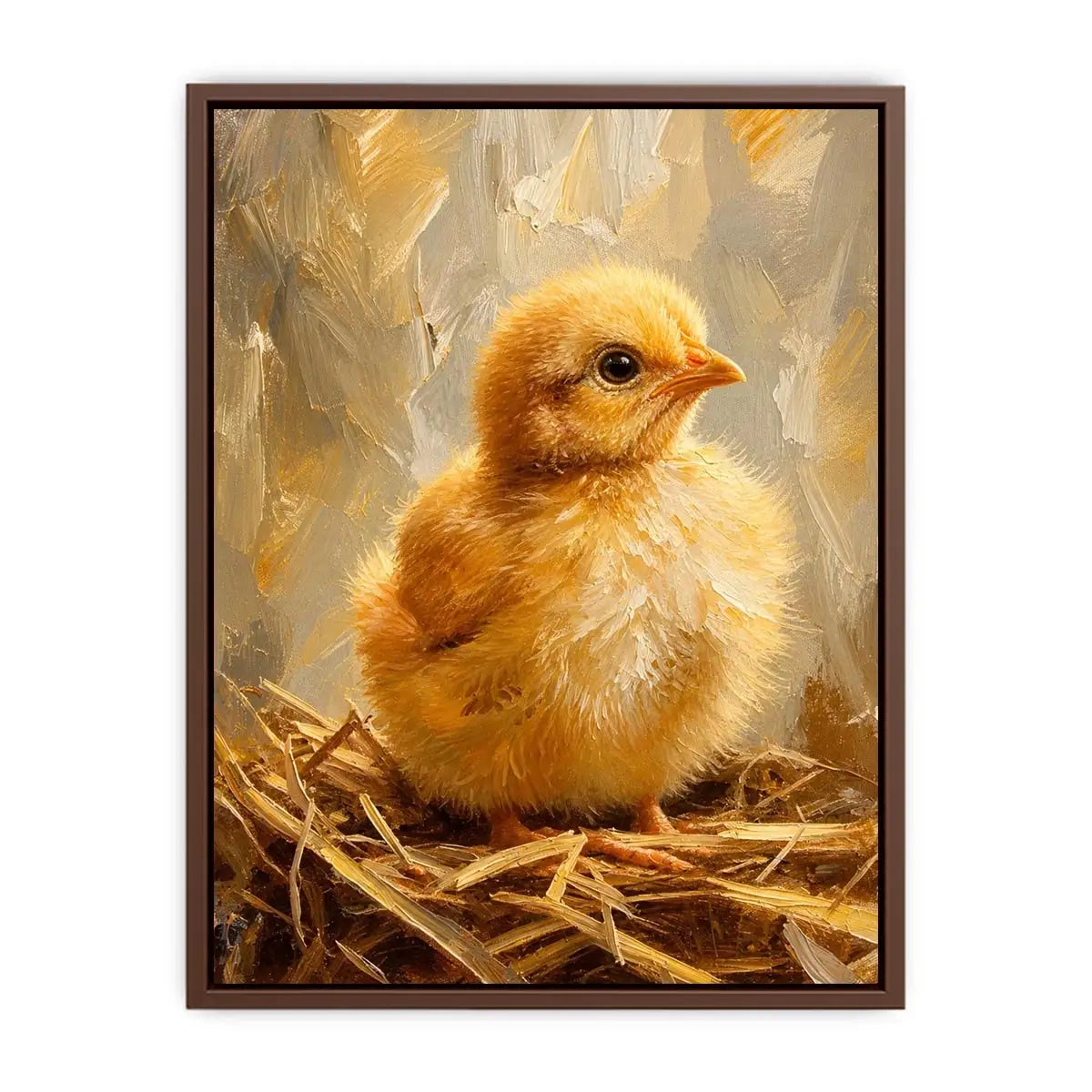 Cute fluffy baby chick farmhouse wall art with warm rustic painterly texture for nursery decor
