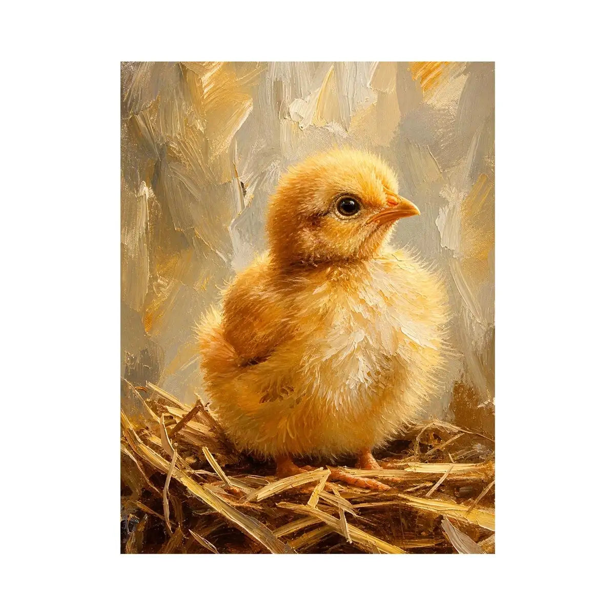 Cute fluffy baby chick farmhouse wall art with warm rustic painterly texture for nursery decor