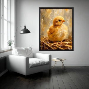 Cute fluffy baby chick farmhouse wall art with warm rustic painterly texture for nursery decor