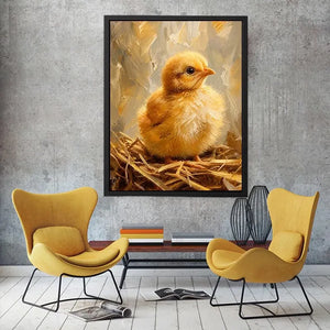 Cute fluffy baby chick farmhouse wall art with warm rustic painterly texture for nursery decor