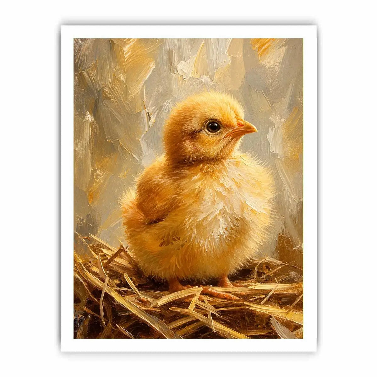 Cute fluffy baby chick farmhouse wall art with warm rustic painterly texture for nursery decor