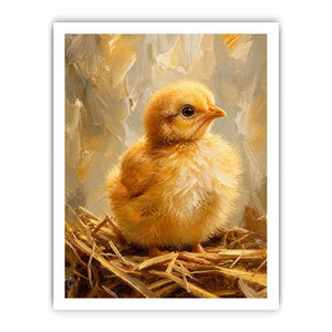 Cute fluffy baby chick farmhouse wall art with warm rustic painterly texture for nursery decor