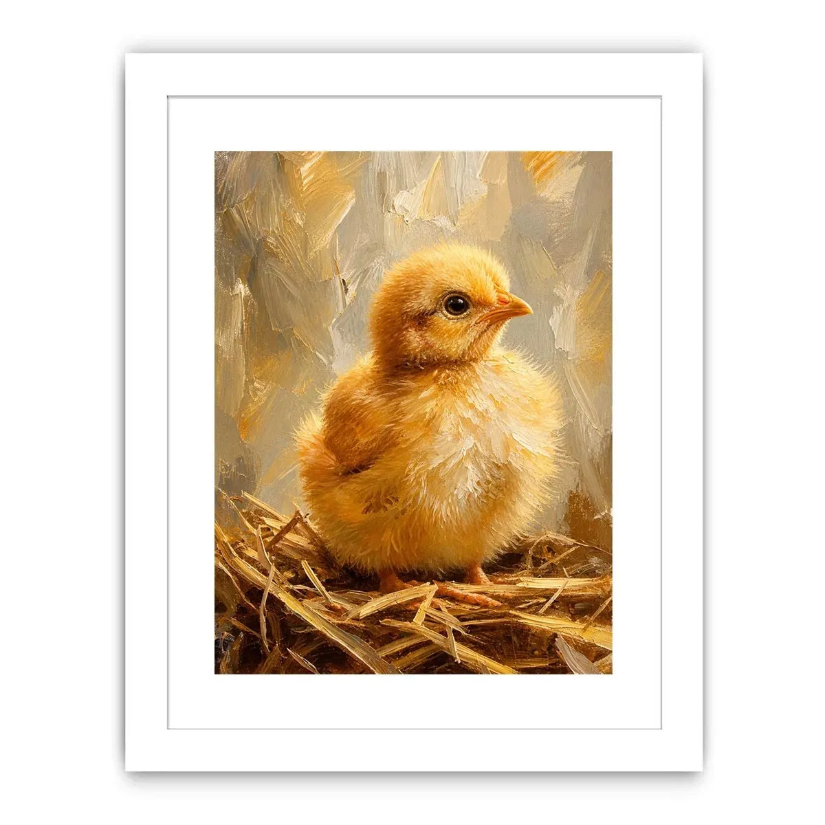 Cute fluffy baby chick farmhouse wall art with warm rustic painterly texture for nursery decor