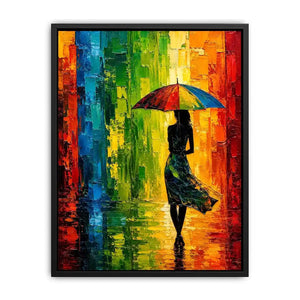 Colorful abstract woman with umbrella modern canvas wall art in vibrant green orange and blue tones