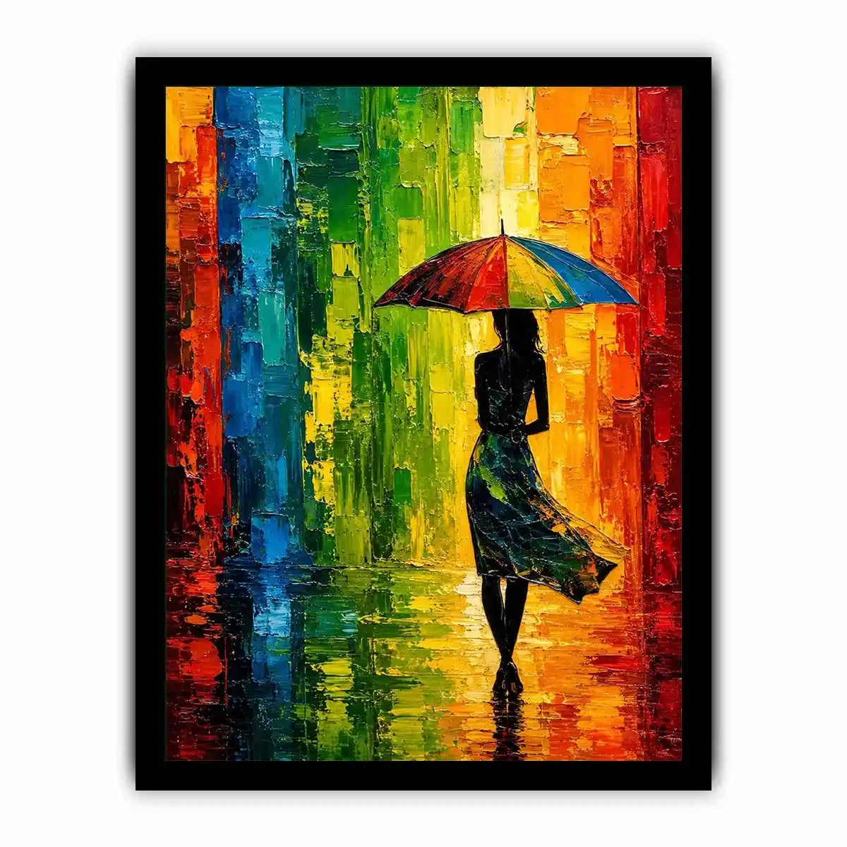 Colorful abstract woman with umbrella modern canvas wall art in vibrant green orange and blue tones