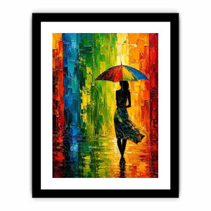 Colorful abstract woman with umbrella modern canvas wall art in vibrant green orange and blue tones