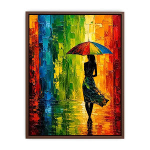 Colorful abstract woman with umbrella modern canvas wall art in vibrant green orange and blue tones