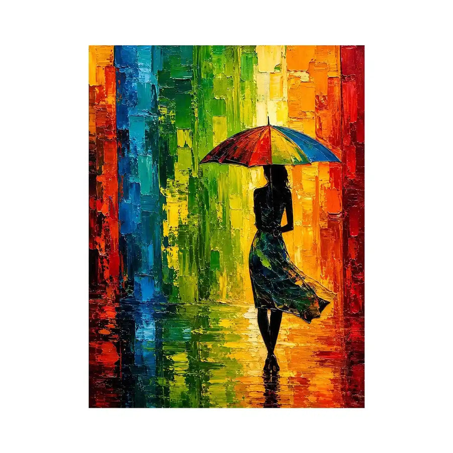 Colorful abstract woman with umbrella modern canvas wall art in vibrant green orange and blue tones