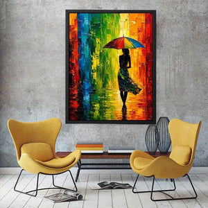 Colorful abstract woman with umbrella modern canvas wall art in vibrant green orange and blue tones