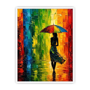 Colorful abstract woman with umbrella modern canvas wall art in vibrant green orange and blue tones