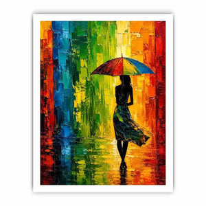 Colorful abstract woman with umbrella modern canvas wall art in vibrant green orange and blue tones
