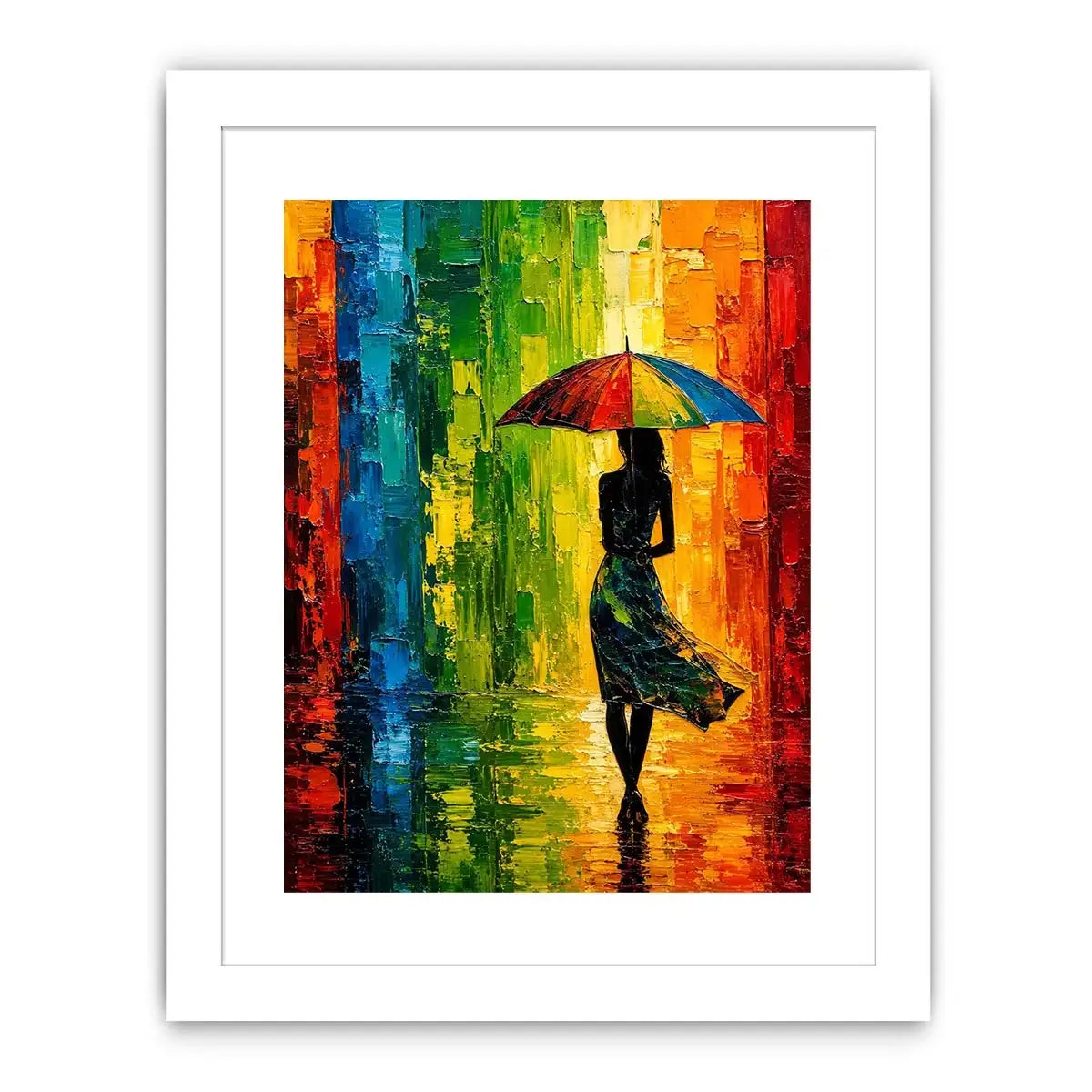 Colorful abstract woman with umbrella modern canvas wall art in vibrant green orange and blue tones