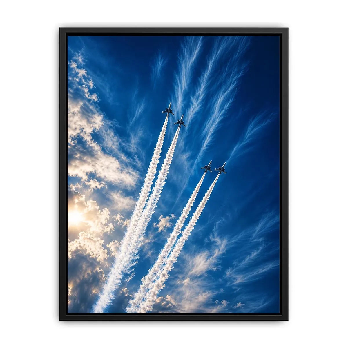 Modern jet formation wall art with airplane contrails against deep blue sky