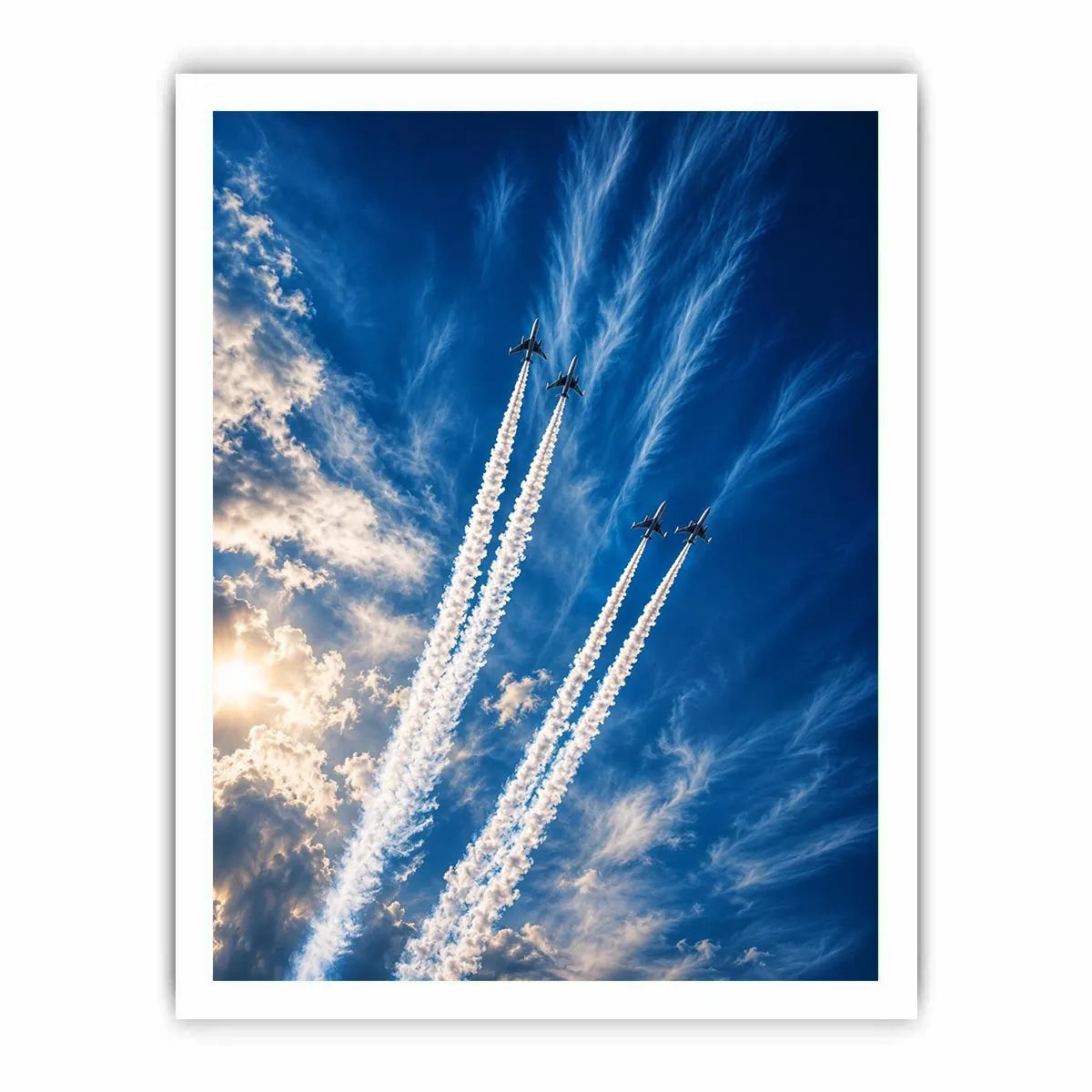 Modern jet formation wall art with airplane contrails against deep blue sky