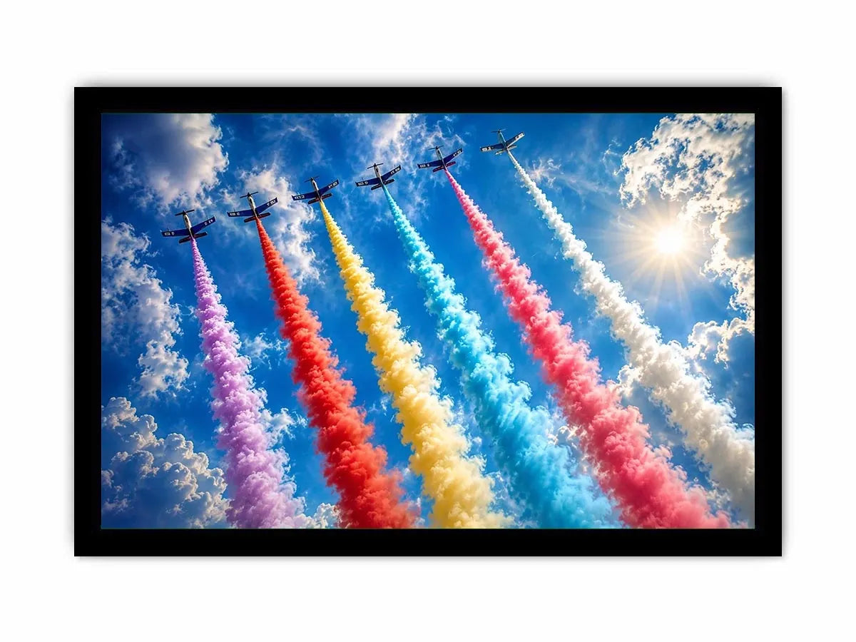 Colorful aircraft smoke trail wall art with vibrant jets flying across bright blue sky