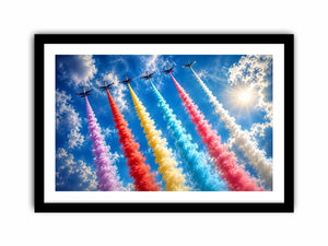 Colorful aircraft smoke trail wall art with vibrant jets flying across bright blue sky