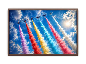 Colorful aircraft smoke trail wall art with vibrant jets flying across bright blue sky