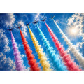 Colorful aircraft smoke trail wall art with vibrant jets flying across bright blue sky