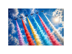 Colorful aircraft smoke trail wall art with vibrant jets flying across bright blue sky