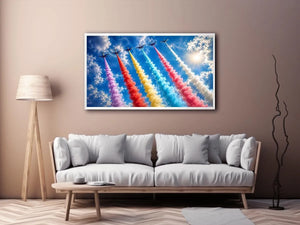 Colorful aircraft smoke trail wall art with vibrant jets flying across bright blue sky