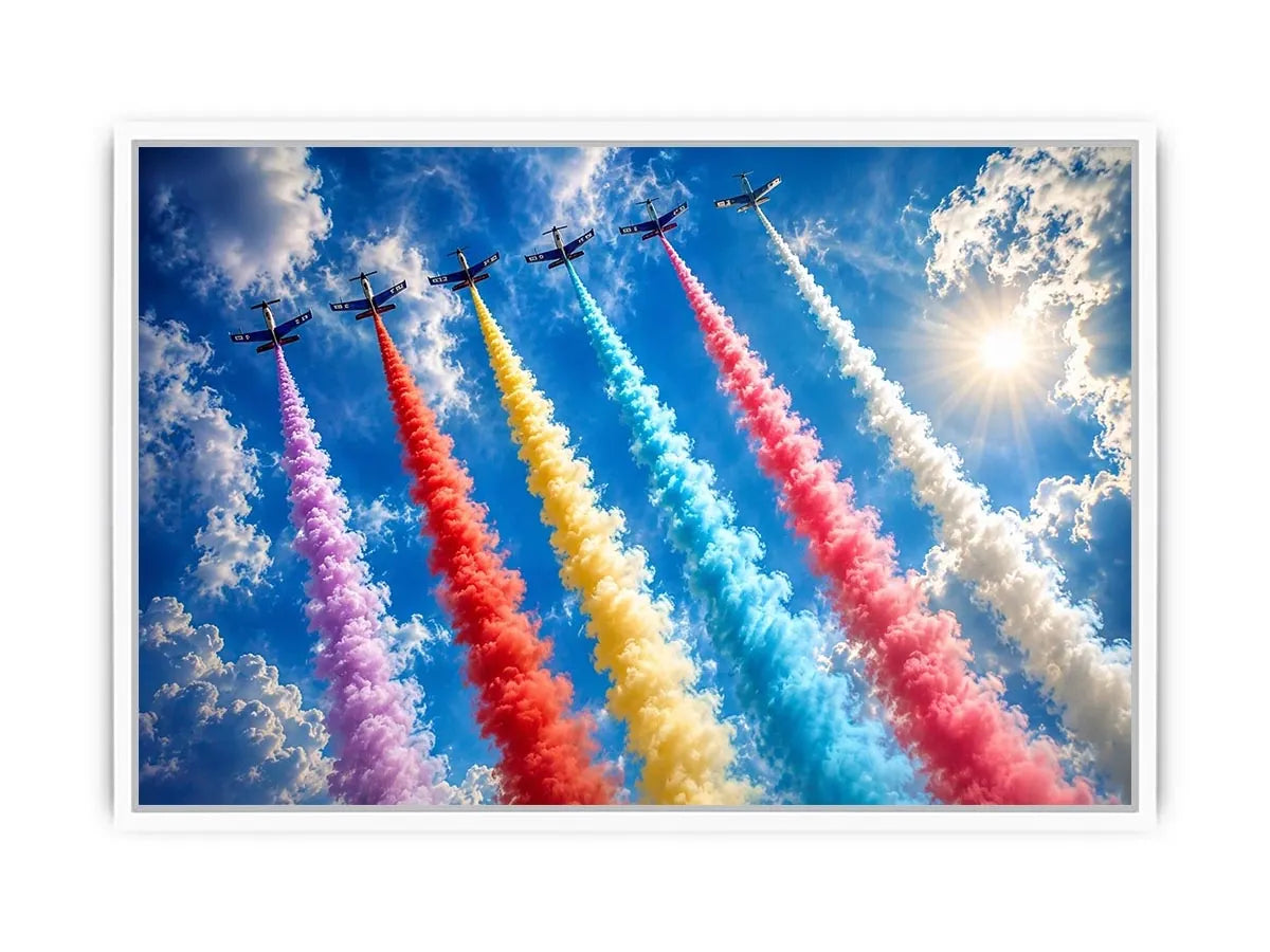 Colorful aircraft smoke trail wall art with vibrant jets flying across bright blue sky