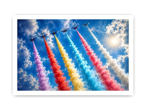 Colorful aircraft smoke trail wall art with vibrant jets flying across bright blue sky