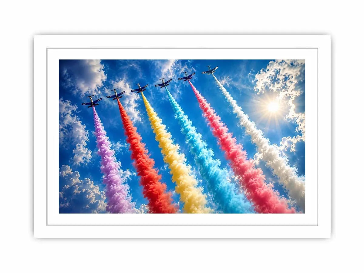 Colorful aircraft smoke trail wall art with vibrant jets flying across bright blue sky
