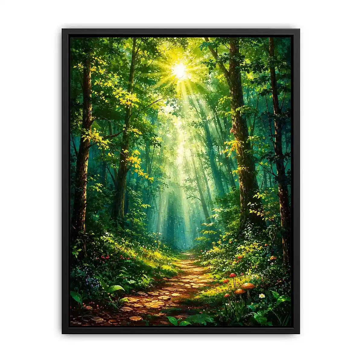 Luminous emerald forest path wall art with glowing sun rays and tranquil luxury nature landscape