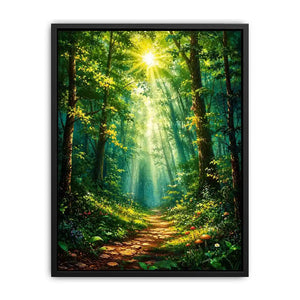 Luminous emerald forest path wall art with glowing sun rays and tranquil luxury nature landscape